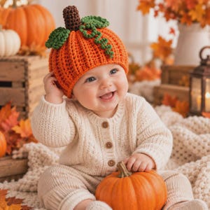 Puede incluir: Un gorro de ganchillo naranja brillante con forma de calabaza, que presenta un tallo marrón oscuro y hojas verdes texturizadas. El gorro está elaborado con un patrón de punto acanalado que imita la apariencia de una calabaza para la cabeza.