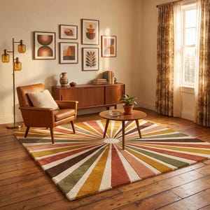 Può includere: Un tappeto rettangolare caratterizzato da un motivo a raggiera con strisce radianti nei toni del giallo senape, arancione bruciato, verde oliva, marrone e crema. Il tappeto è posizionato su un pavimento in legno in una stanza con poltrona.