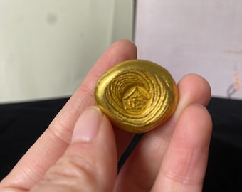 Vintage Gold Ingot Figurine, Brass Gold Nugget Paperweight, Chinese Wealth Fortune Mascot, Feng Shui Desk Decor
