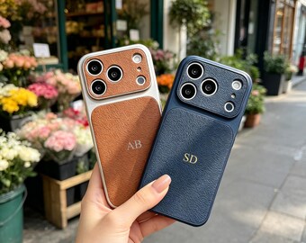 Funda para iPhone con panel de piel con iniciales personalizadas, funda de piel suave con marco metálico, funda elegante y delgada, regalo de cumpleaños.