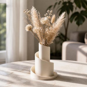 Könnte beinhalten: Eine matte, cremeweiße Keramikvase mit spiralförmigem, gestuftem Zylinderdesign, gefüllt mit einem Strauß aus getrocknetem beigem Pampasgras, kleinen weißen Blüten und federartigen Stielen auf einem runden Sockel.