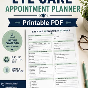Op de afbeelding: Een printbare afsprakenplanner voor oogzorg op wit papier met donkerblauwe en saliegroene tekst. Het formulier bevat secties voor persoonlijke informatie, brilrecepten, contactlensgegevens, symptomen en vragen voor de arts.