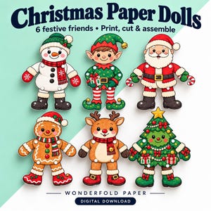Bambole articolate, carta natalizia stampabile, sei personaggi delle feste per lavoretti creativi dei bambini.