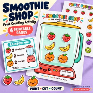 Pode incluir: Um conjunto de atividades de contagem de frutas Smoothie Shop imprimível com quatro páginas, apresentando ilustrações de um liquidificador, várias frutas como morangos, bananas e laranjas com rostos sorridentes e texto incluindo Smoothie Shop e Rainbow Mix.