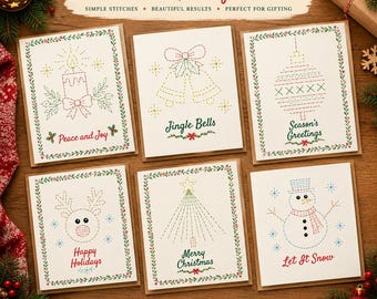 Christmas Thread Card Patterns, 6 Printable Embroidery Designs, DIY Hand Stitched Holiday Cards, Beginner Sewing Card PDF, Instant Download
