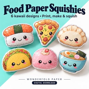 Kawaii-Papier-Squishy-Vorlagenset | Druckbare PDF-Datei zum Selbermachen von Sushi-, Ramen-, Taco- und Dumpling-Bastelarbeiten | Aktivität für Kinder und die Schule | Einfache Montage ohne Nähen