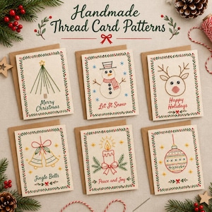 May include: Six cream-colored greeting cards featuring embroidered holiday designs including a Christmas tree, snowman, reindeer, jingle bells, candle, and ornament. Each card has a green and red stitched border and festive text.