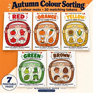 Gioco di abbinamento autunnali con colori stampabili, ideale per la scuola materna, con 5 tappetini a forma di cestino e 20 gettoni autunnali.