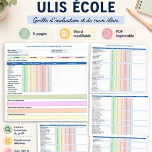 Peut inclure: Un outil d'évaluation pédagogique numérique intitulé FICHE COMPÉTENCES ULIS ÉCOLE, comprenant un PDF imprimable de 5 pages et un document Word modifiable. La mise en page inclut une fiche récapitulative et des grilles de compétences détaillées.