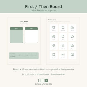 Puede incluir: Un kit de apoyo visual imprimible First / Then Board que incluye un tablero de dos columnas etiquetado como First y Then, además de doce tarjetas de rutina con iconos para tareas como cepillarse los dientes, vestirse y la merienda, en tonos verde salvia y blanco.