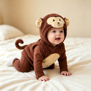 May include: A brown monkey-themed hooded vest and long-sleeve outfit featuring a plush textured fabric, a hood with ears and a monkey face, a curly tail on the back, and the name Olivia embroidered in gold script on the front belly panel.