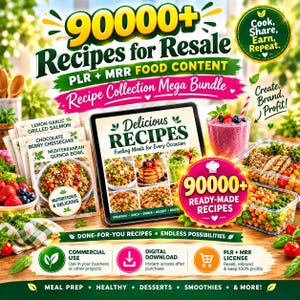 Può includere: Un pacchetto digitale di 90000+ ricette per la rivendita con contenuti alimentari PLR e MRR. L'immagine include un tablet con la copertina di un libro di ricette, schede ricette stampate e contenitori di cibo con il testo Cook, Share, Earn, Repeat.