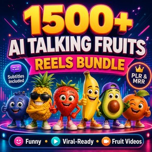 以下が含まれることがあります： 1500+ AI TALKING FRUITS REELS BUNDLEというテキストと、ブルーベリー、サングラスをかけたパイナップル、イチゴ、バナナ、キャップをかぶったアボカド、オレンジという6つのアニメーション化されたフルーツキャラクターがステージ上に描かれたデジタルグラフィック。