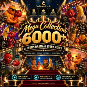 May include: A digital promotional graphic for a Mega Collection 6000+ AI Fruits Drama & Story Reels by CraftunaStudio. The image features various anthropomorphic fruit characters in cinematic scenes, gold text, and icons for bonus, lifetime access, and download.