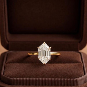 Hexagon Moissanite Solitaire Engagement Ring, East West Set Sterling Silver Proposal Ring
