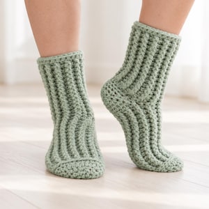 Mönster för virkade sockor i PDF-format, mysiga ribbade lässtrumpor, enkla, skrymmande toffelstrumpor, tåuppsatta husstrumpor för kvinnor S M L, direktnedladdning