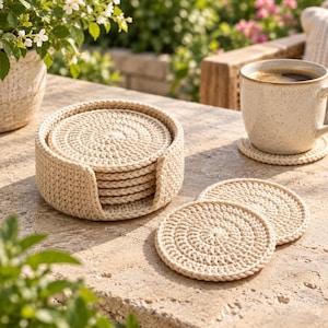 May include: A set of round, cream-colored crocheted coasters stacked inside a matching circular holder. Two additional coasters lie flat on the surface, one placed under a speckled ceramic mug filled with a dark beverage. The coasters feature a spiral pattern.