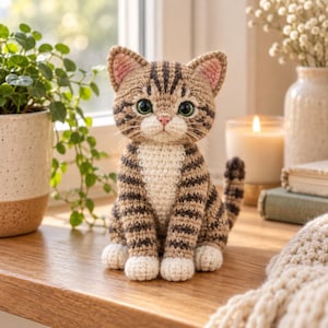 Puede incluir: Una figura de gato atigrado tejida a ganchillo con pelaje a rayas marrones y bronceadas, pecho blanco y patas blancas. El gato tiene ojos grandes de color verde, una nariz pequeña rosada y orejas puntiagudas con detalles rosados.