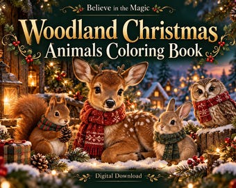 Woodland Christmas Animals Coloring Book, 25 Designs with Examples (Printable PDF)