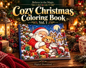 Cozy Christmas Coloring Book Vol. 1, 25 Designs with Full Color Examples, Printable PDF
