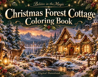 Christmas Forest Cottage Coloring Book, 25 Enchanted Woodland Scenes (PDF)