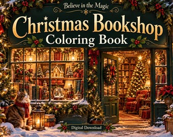 Christmas Bookshop Coloring Book, 25 Victorian Library Scenes (Digital Download)