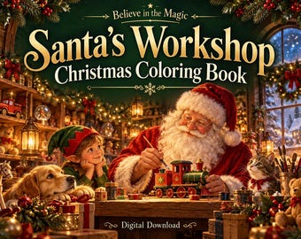 Santa's Workshop Christmas Coloring Book, 25 Designs, Full Color Examples (Digital Download)