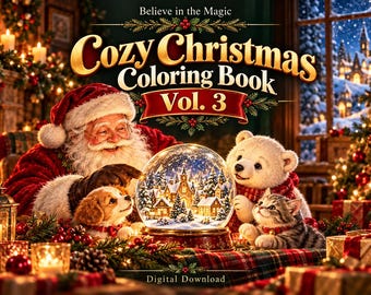 Cozy Christmas Coloring Book Vol. 3, 25 New Designs with Full Color Examples, Printable PDF