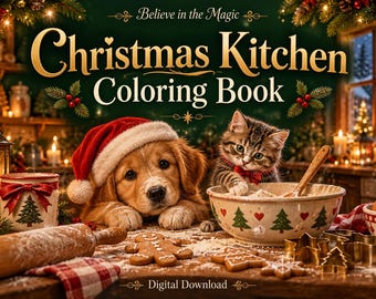 Christmas Kitchen Coloring Book, 25 Holiday Scenes, Color Examples (Digital Download)