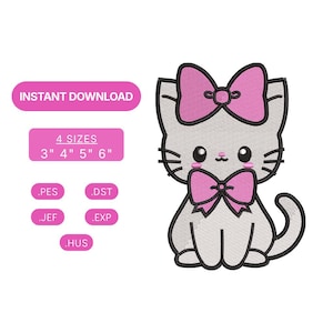 Cute Kitten Embroidery Design, Pink Bow Kitty Embroidery File, Kawaii Cat Machine Embroidery Pattern, Instant Download PES DST JEF 4 Sizes