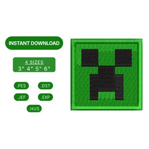 Puede incluir: Un parche cuadrado bordado en verde con un diseño de cara pixelada en negro. El texto incluye INSTANT DOWNLOAD, 4 SIZES 3" 4" 5" 6" y los formatos .PES, .DST, .JEF, .EXP, .HUS. El diseño consiste en un fondo verde con una cara negra.