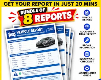 Op de afbeelding: Een historierapport voor gebruikte auto's met een 2021 Toyota Camry XSE, met de tekst "USED CAR HISTORY REPORT", "GET YOUR REPORT IN JUST 20 MINS" en "BUNDLE OF 8 REPORTS". Iconen tonen voertuigdetails, ongevallen, terugroepacties en onderhoud.