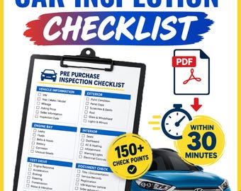 Op de afbeelding: Een checklist voor auto-inspectie vóór aankoop op een zwart klembord met blauwe en witte secties voor voertuiginformatie, motorruimte, proefrit, interieur en documentcontrole. Bevat een PDF-pictogram en een gele cirkel met 150+ controlepunten.