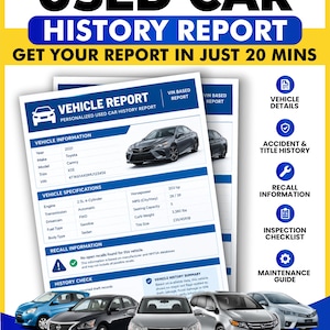 Op de afbeelding: Een voertuighistorierapport voor een gebruikte auto met voertuiginformatie voor een 2021 Toyota Camry XSE, inclusief specificaties zoals 203 pk, 1.533 kg leeggewicht en 235/45R18 banden. Het document bevat voertuigdetails, ongevalhistorie en terugroepacties.