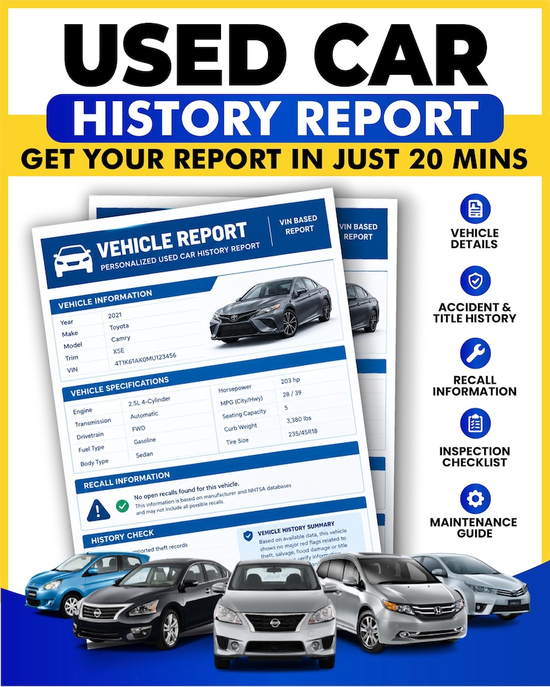 Op de afbeelding: Een voertuighistorierapport voor een gebruikte auto met voertuiginformatie voor een 2021 Toyota Camry XSE, inclusief specificaties zoals 203 pk, 1.533 kg leeggewicht en 235/45R18 banden. Het document bevat voertuigdetails, ongevalhistorie en terugroepacties.
