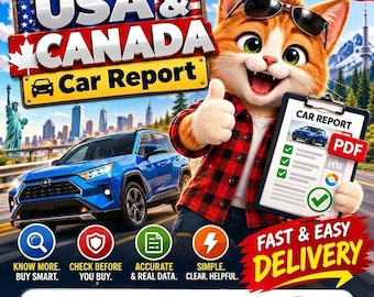 Op de afbeelding: Een digitale afbeelding van een oranje kat met een zonnebril en een rood geruit overhemd, die een klembord vasthoudt met de tekst Car Report. De tekst bevat USA & CANADA Car Report, Fast & Easy Delivery en Read My Reviews Below.