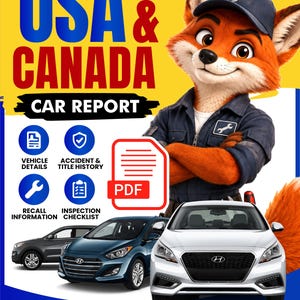 May include: A digital car report advertisement featuring a cartoon fox mechanic wearing a blue cap with a wrench icon. The text reads USA & CANADA CAR REPORT and DELIVERY IN JUST 30 MINS. Includes icons for vehicle details, accident history, and a PDF icon.
