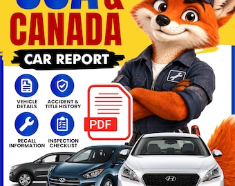 Op de afbeelding: Een digitale autoreport-advertentie met een cartoon vossenmonteur die een blauwe pet met een moersleutelpictogram draagt. De tekst luidt USA & CANADA CAR REPORT en DELIVERY IN JUST 30 MINS. Bevat iconen voor voertuigdetails en een PDF-pictogram.