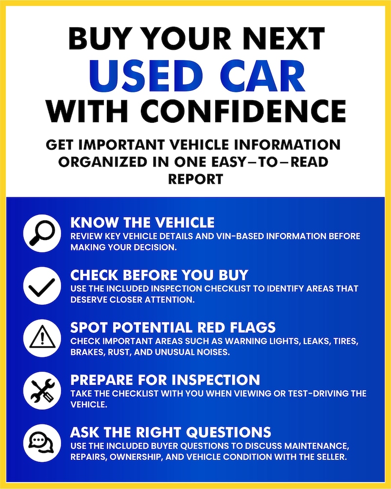 Op de afbeelding: Een wit en blauw informatieblad met de titel BUY YOUR NEXT USED CAR WITH CONFIDENCE. Het bevat vijf stappen: KNOW THE VEHICLE, CHECK BEFORE YOU BUY, SPOT POTENTIAL RED FLAGS, PREPARE FOR INSPECTION en ASK THE RIGHT QUESTIONS met bijbehorende iconen.