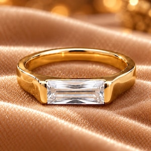 Moissanite Ring 925 Sterling Silver, Rectangular Emerald Cut Ring, Clear Gemstone Ring, Gold Tone Statement Ring, Minimalist Jewelry