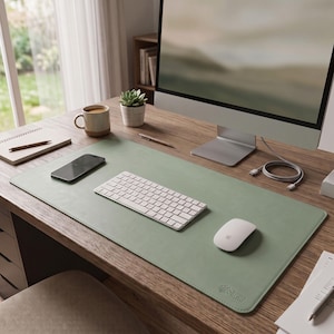 May include: A sage green rectangular desk mat with stitched edges and a small embossed logo in the bottom right corner. The mat is placed on a wooden desk surface, providing a smooth base for a white wireless keyboard and a white computer mouse.