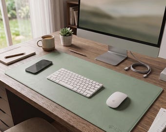 May include: A sage green rectangular desk mat with stitched edges and a small embossed logo in the bottom right corner. The mat is placed on a wooden desk surface, providing a smooth base for a white wireless keyboard and a white computer mouse.