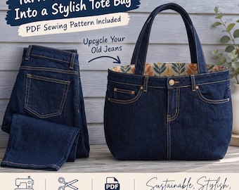 May include: A dark blue denim tote bag crafted from repurposed jeans, featuring a floral interior lining, two handles, and visible pockets. Text reads: Turn Old Jeans Into a Stylish Tote Bag, PDF Sewing Pattern Included, Upcycle Your Old Jeans.