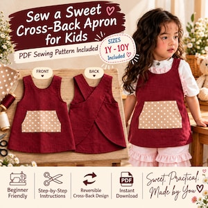 Può includere: Un grembiule rosso scuro con incrocio sulla schiena e una tasca frontale beige a pois. L'immagine mostra le viste anteriore e posteriore del grembiule, con il testo Sew a Sweet Cross-Back Apron for Kids, PDF Sewing Pattern Included e SIZES 1Y-10Y Included.