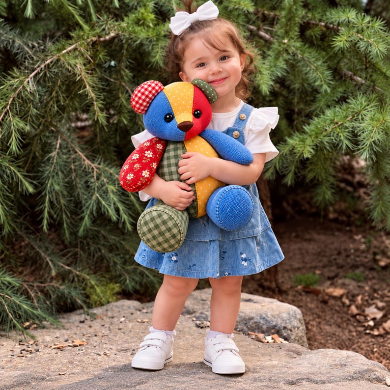 May include: A patchwork teddy bear constructed from various fabric patterns including red and white gingham, blue textured fabric, yellow polka dots, red floral print, and green plaid. The bear features black button eyes and a brown nose.