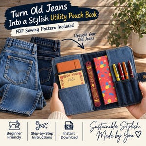 May include: A denim utility pouch book featuring pockets holding a small orange notebook, a yellow-patterned card with the text Hello, a decorative bookmark, a red patterned notebook, and four pens. The text reads Turn Old Jeans Into a Stylish Utility Pouch Book.
