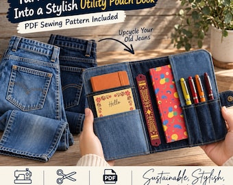 May include: A denim utility pouch book featuring pockets holding a small orange notebook, a yellow-patterned card with the text Hello, a decorative bookmark, a red patterned notebook, and four pens. The text reads Turn Old Jeans Into a Stylish Utility Pouch Book.