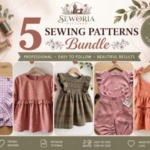 May include: A digital bundle of 5 sewing patterns from Seworia Patterns featuring an instant PDF download. The image displays five distinct garment designs including a purple gingham top, a floral blouse, a plaid dress, a pink jumpsuit, and a floral tiered top.