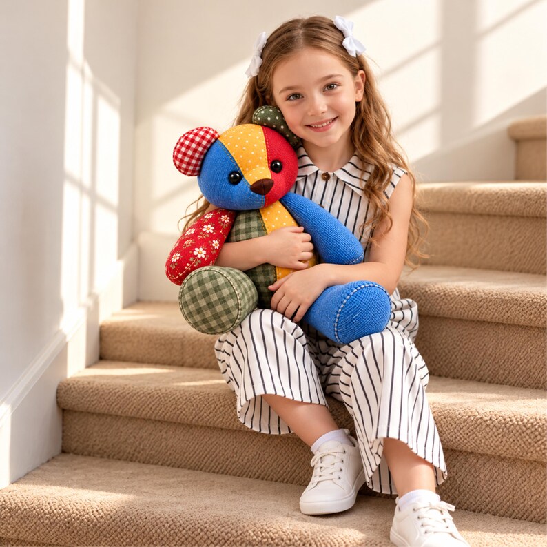 May include: A plush teddy bear constructed from various fabric patches, including red and white gingham, yellow polka dots, red floral print, and solid blue and green textures. The bear features dark round eyes and a brown stitched nose.