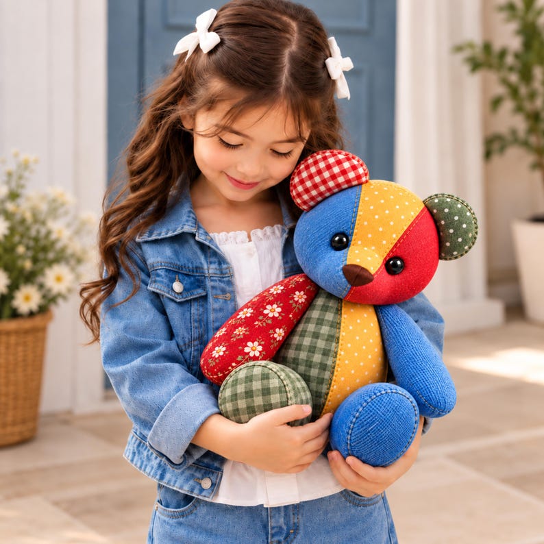 May include: A patchwork teddy bear constructed from various fabric patterns including red and white gingham, yellow with white polka dots, blue textured fabric, red floral print, and green and white checkered fabric with black eyes.